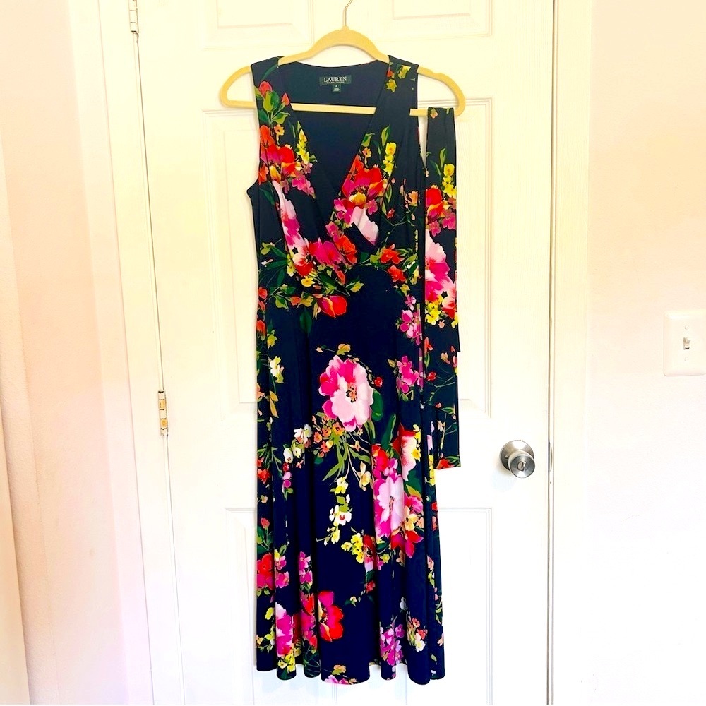 Ralph Lauren Pink and Blue Fit and Flare V-Neck Dress